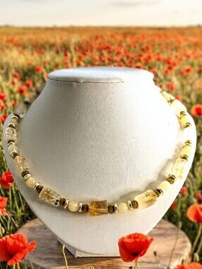 Natural and Genuine Yellow Citrine And Yellow Jade Beaded Necklace